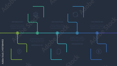 Line concept for infographic with 5 steps, options, parts or processes. Template for web on a black background.