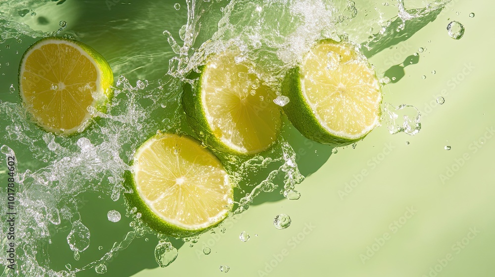 Lime Slices Splashing in Water on Green Background Lime Slices Splashing in Water on Green Background