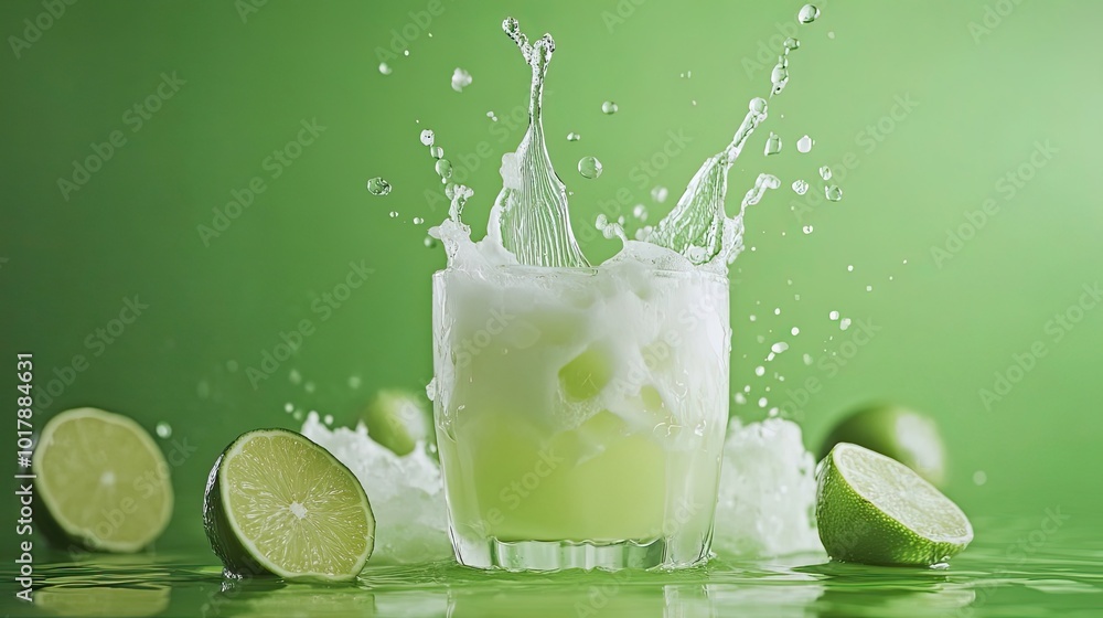 Lime Juice Splashing in a Glass with Ice on a Green Background Lime Juice Splashing in a Glass with Ice on a Green Background