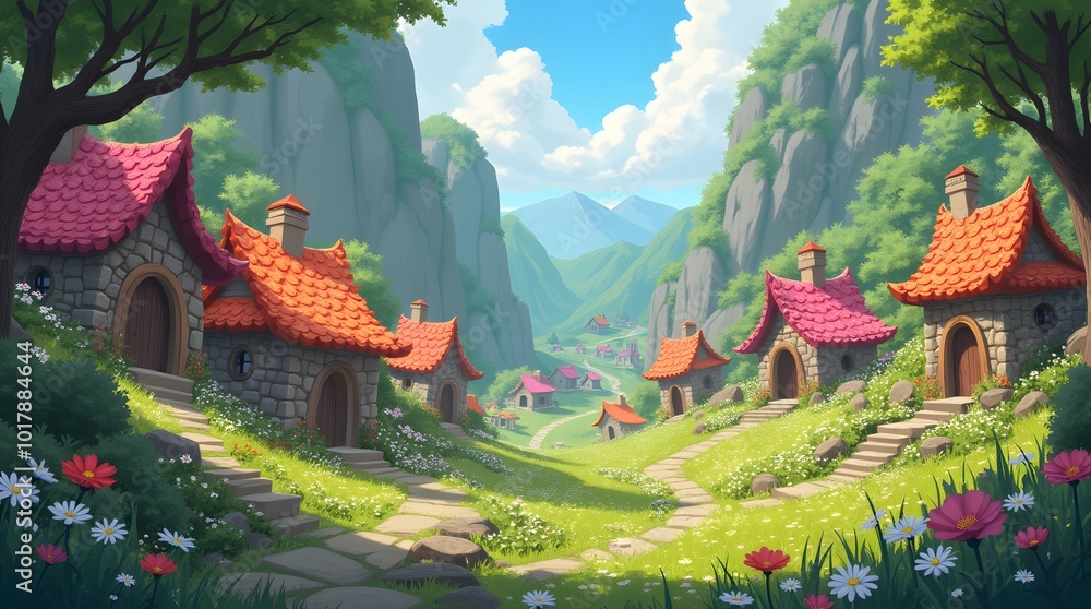 Obraz premium hidden valley with petal covered houses fae folk festivities channeling whimsical anime vibes