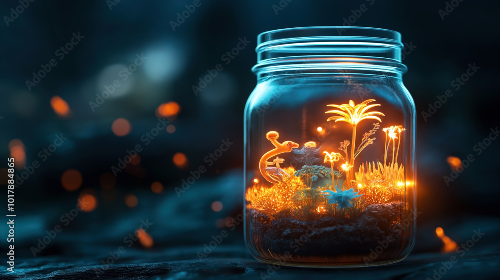 A glass jar containing a glowing miniature garden with various luminescent plants and fungi, set against a blurred, dark background with scattered light particles. A glass jar containing a glowing miniature garden with various luminescent plants and fungi, set against a blurred, dark background with scattered light particles.