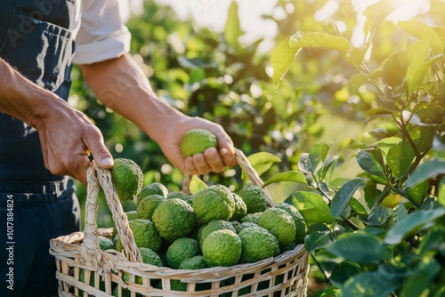 A man picks green bergamot fruits into a wicker basket. Sun rays on the background. Copy space. Concept: Eco-friendly, Seasonality and naturalness, harvesting photo