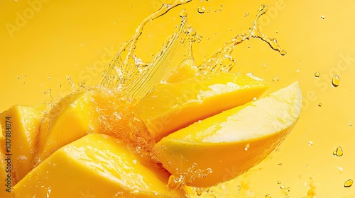 Mango Slices Splashing in Yellow Juice photo