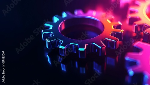 Vibrant 3D Gears Glowing with Neon Lights on a Dark Reflective Surface