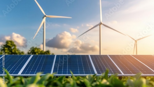 Sustainable energy grid with solar and wind power, 3D illustration photo