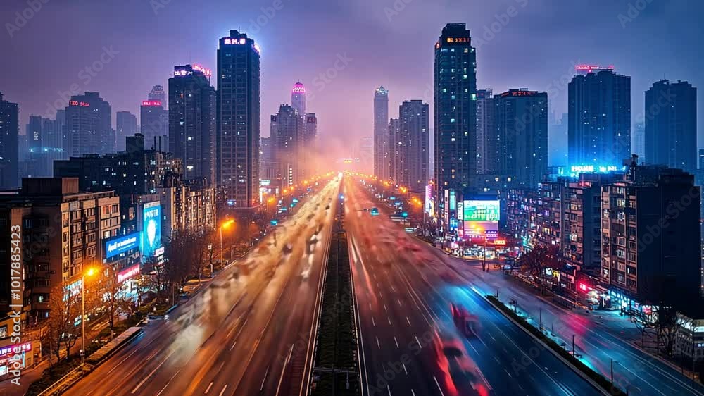 A vibrant cityscape at dusk, showcasing illuminated skyscrapers and busy traffic footage A vibrant cityscape at dusk, showcasing illuminated skyscrapers and busy traffic footage