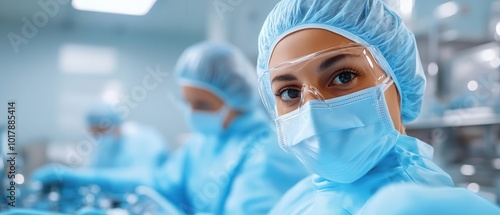 Workers in a cleanroom environment assembling medical devices, medical device production, hightech health manufacturing