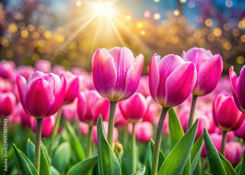 Beautiful Pink Tulips in a Sunny Field with Bokeh Effect for Spring Photography
