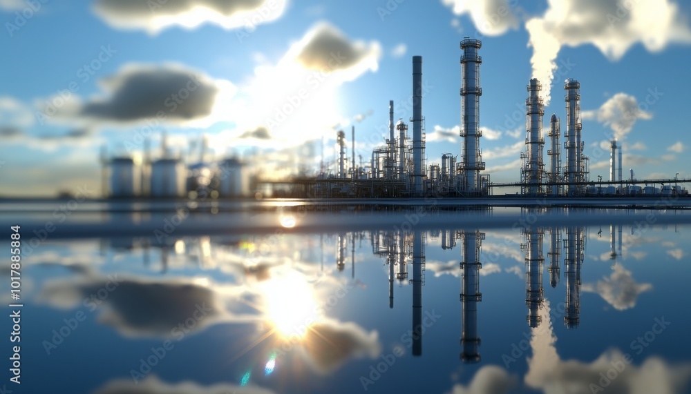 Futuristic Industrial Landscape with Reflective Waters and Towering Structures Futuristic Industrial Landscape with Reflective Waters and Towering Structures