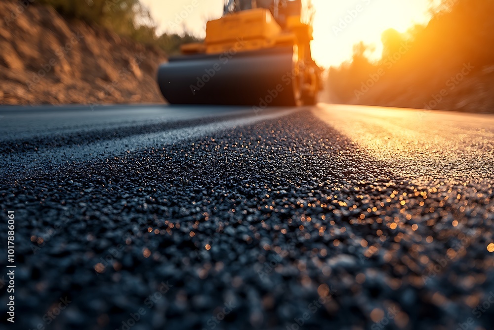 Closeup Photo of Newly Paved Asphalt Road with Sunset Closeup Photo of Newly Paved Asphalt Road with Sunset