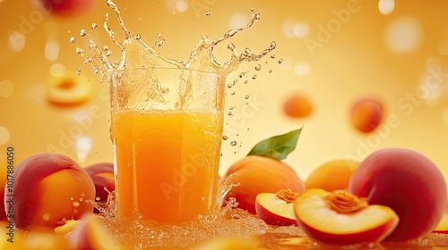 Fresh Peach Juice Splash with Whole and Sliced Peaches photo