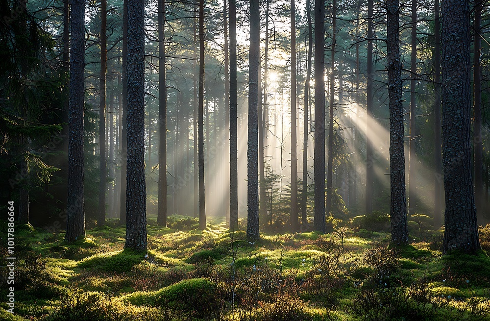 Obraz premium A foggy forest with tall trees and sunlight filtering through the leaves