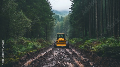 Yellow Excavator Machine Driving on a Muddy Forest Road - Realistic Photo