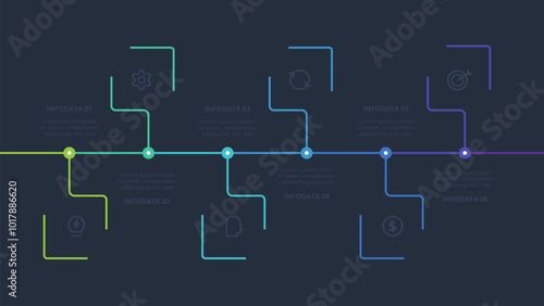 Line concept for infographic with 6 steps, options, parts or processes. Template for web on a black background.