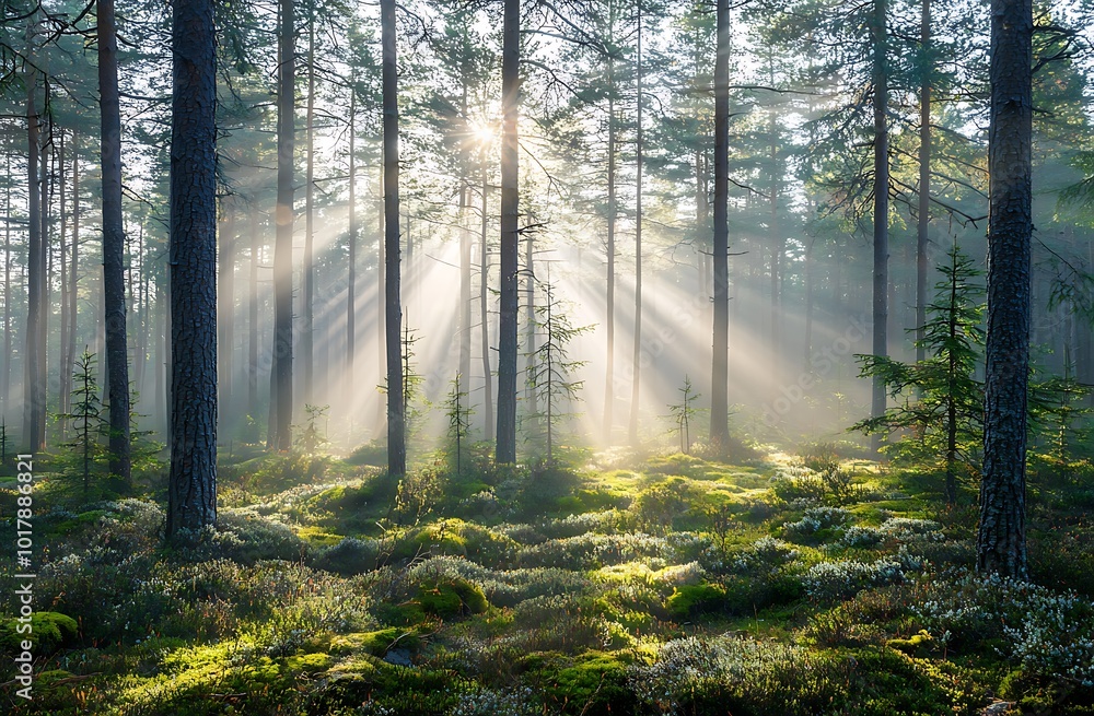 A foggy forest with tall trees and sunlight filtering through the leaves A foggy forest with tall trees and sunlight filtering through the leaves