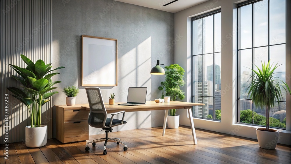 Fototapeta premium Modern Office Room with Mockup Poster and Desk for Candid Photography