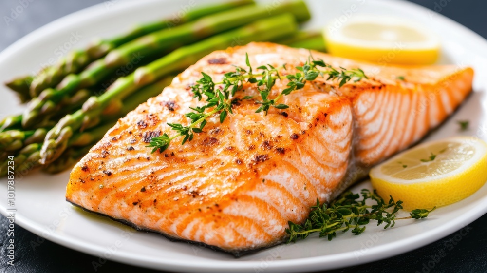 Grilled Salmon Fillet with Asparagus and Lemon on a White Plate, AI Grilled Salmon Fillet with Asparagus and Lemon on a White Plate, AI