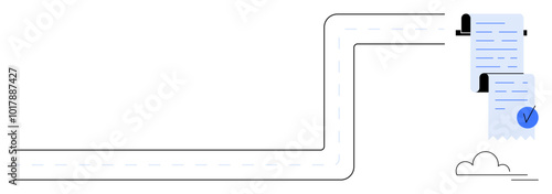 A road leads to two documents accompanied by a cloud. One document has a check mark indicating approval. Ideal for administrative processes, digital documentation, workflow automation, compliance