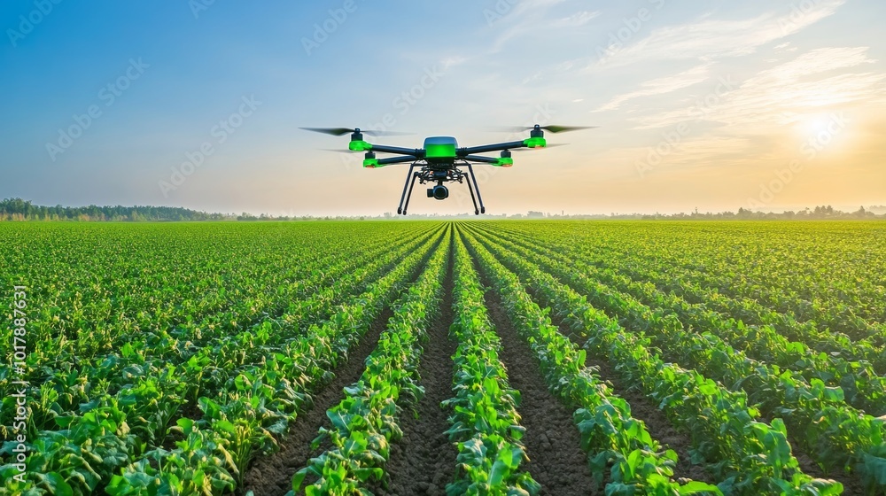 Drone Flying Over Green Field at Sunset for Agriculture Drone Flying Over Green Field at Sunset for Agriculture