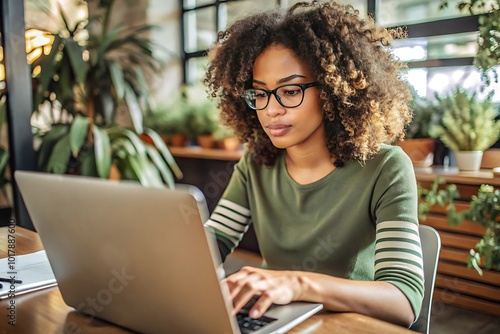 Focused Woman Working on Laptop in Cozy Office Space