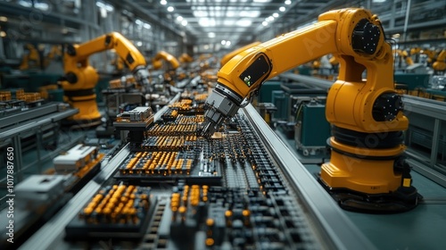 Industrial robots assembling electronic components in a factory.