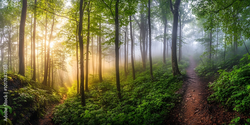 A foggy forest with tall trees and sunlight filtering through the leaves A foggy forest with tall trees and sunlight filtering through the leaves