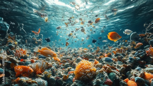 Vibrant underwater scene filled with colorful fish and coral.