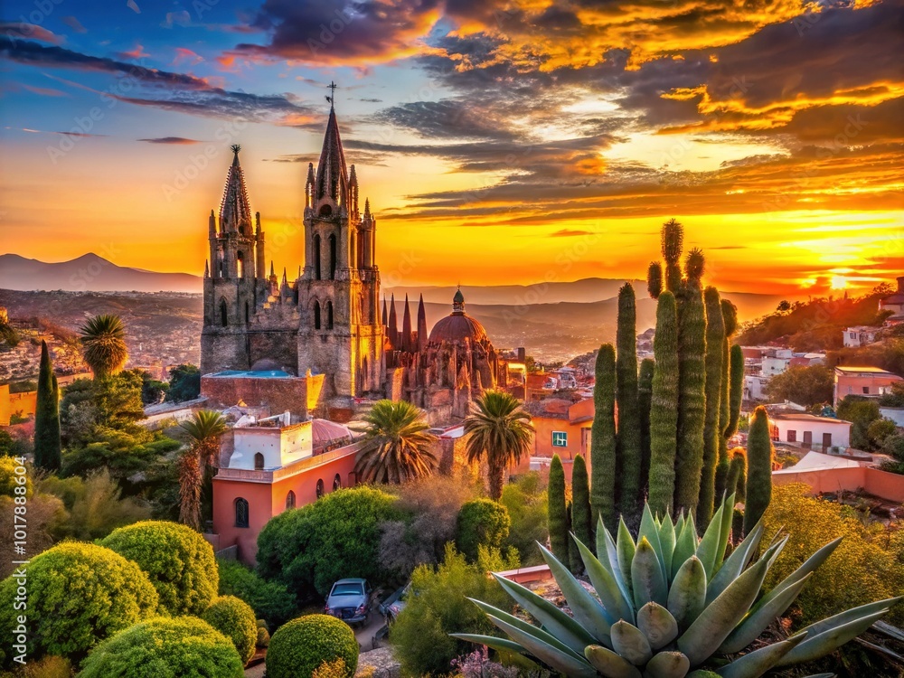 Naklejka premium Silhouette of San Miguel De Allende's Iconic Landmarks at Sunset