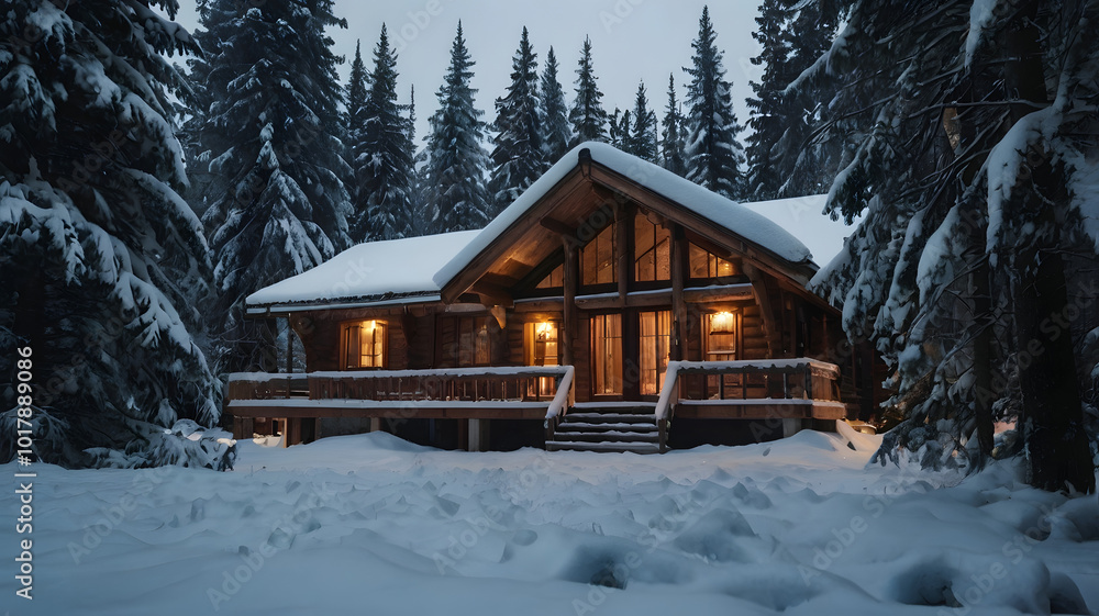 A cozy winter chalet tucked in a snowy forest, with snow-laden trees all around, forming a tranquil and picturesque winter scene A cozy winter chalet tucked in a snowy forest, with snow-laden trees all around, forming a tranquil and picturesque winter scene