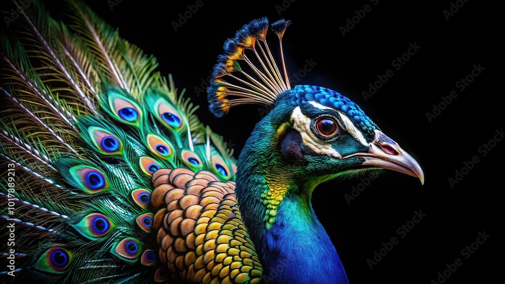 Obraz premium Stunning Closeup of a Majestic Peacock on Black Background - Vibrant Colors and Intricate Feather Details