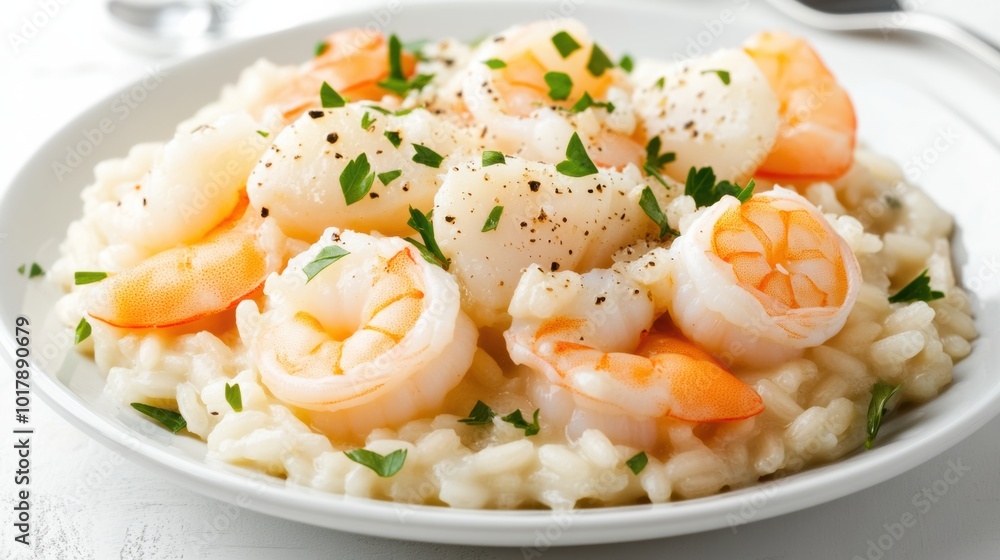 Creamy Shrimp Risotto Garnished with Fresh Herbs and Black Pepper, AI Creamy Shrimp Risotto Garnished with Fresh Herbs and Black Pepper, AI