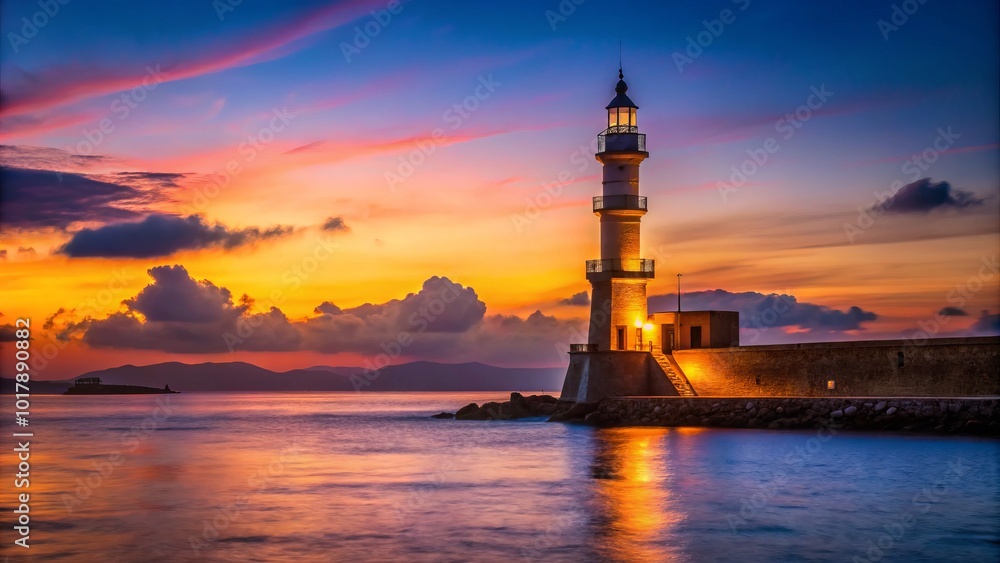 At dusk in Chania, Crete, the lighthouse glows brilliantly, its silhouette framed by the twilight sky, a stunning sight that enchants every onlooker. At dusk in Chania, Crete, the lighthouse glows brilliantly, its silhouette framed by the twilight sky, a stunning sight that enchants every onlooker.