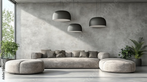 Modern Living Room Interior Design with Concrete Wall, Large Sofa, and Stylish Pendant Lights photo