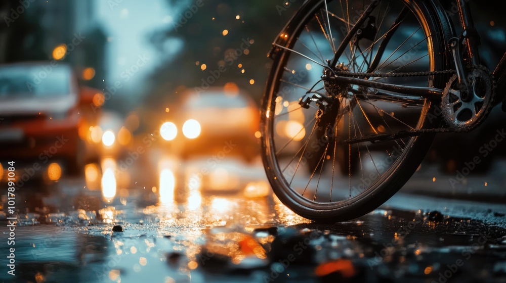 Accident car crash with bicycle on road ,rainy day. Accident car crash with bicycle on road ,rainy day.