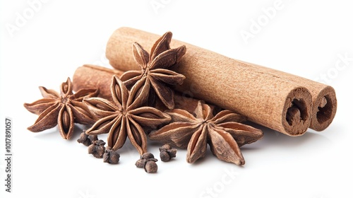 Cinnamon Sticks, Star Anise, and Cloves on a White Background photo