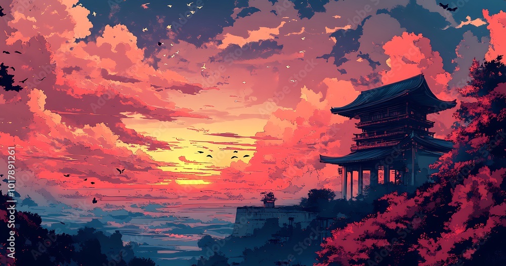Traditional Japanese Pagoda Silhouetted Against a Vivid Sunset Sky Traditional Japanese Pagoda Silhouetted Against a Vivid Sunset Sky