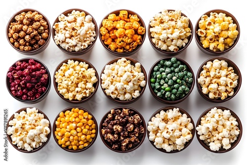 Assorted Popcorn Varieties in Bowls on a White Background