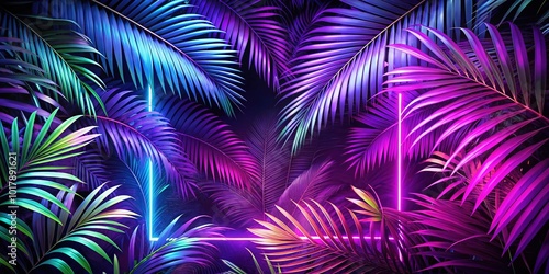 Vibrant Tropical Jungle Neon Leaves Long Exposure Design for Summer Disco Party Poster