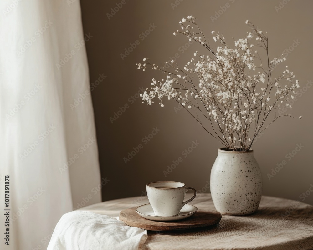 Minimalist interior with a cup of tea and a vase with a flowering branch Minimalist interior with a cup of tea and a vase with a flowering branch