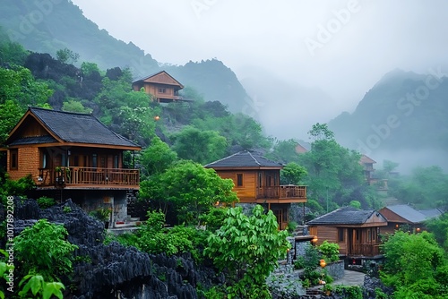 A foggy morning in a village