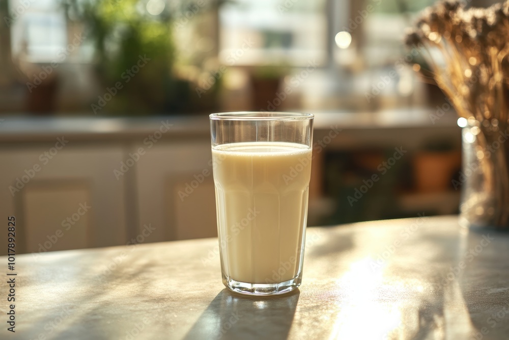 image of a glass of milk on a kitchen counter, representing dairy essentials concept for a banner mockup image of a glass of milk on a kitchen counter, representing dairy essentials concept for a banner mockup