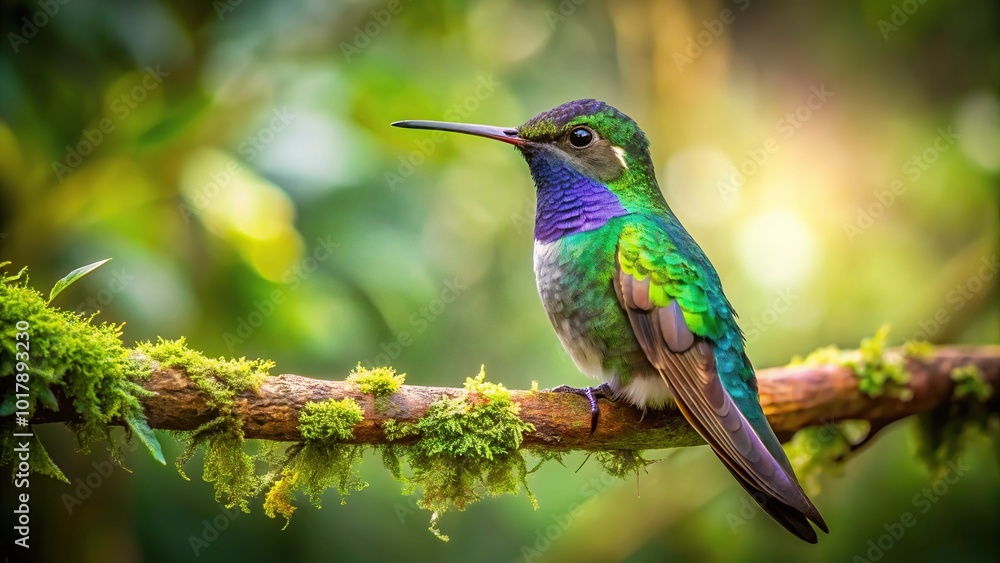 Naklejka premium A hummingbird perched on a branch in a vibrant forest