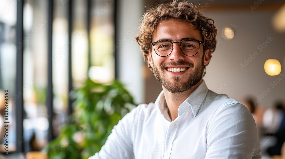 Obraz premium Smiling Young Man in Modern Cafe Setting