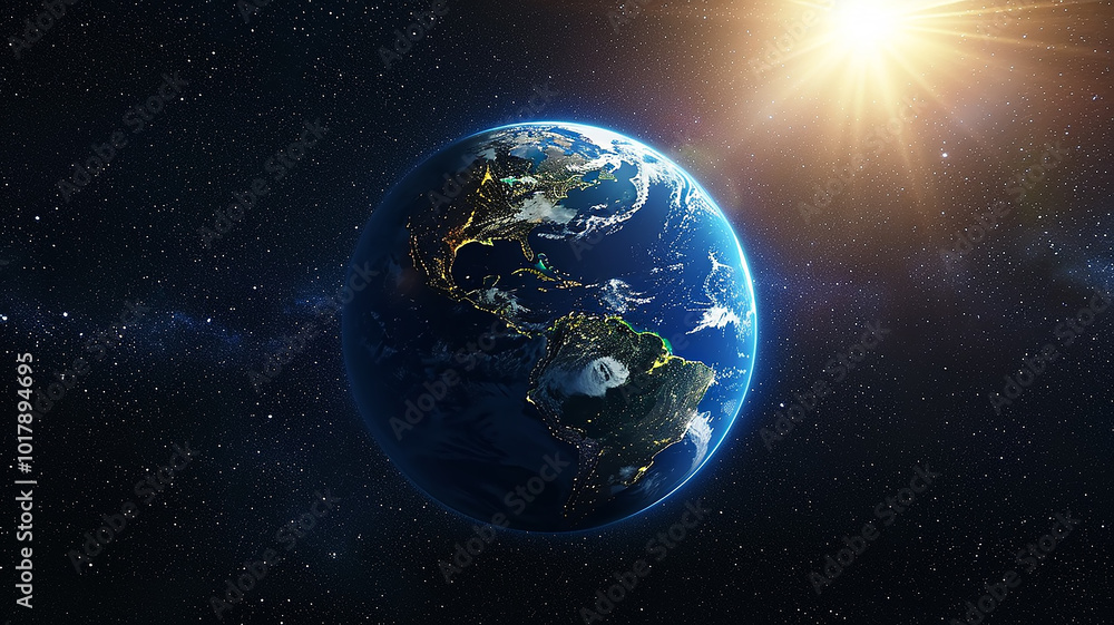 Panoramic view of the round planet from space against the background of the black sky Panoramic view of the round planet from space against the background of the black sky