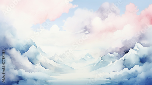 Mountain landscape in pastel clouds, background postcard in watercolor style photo