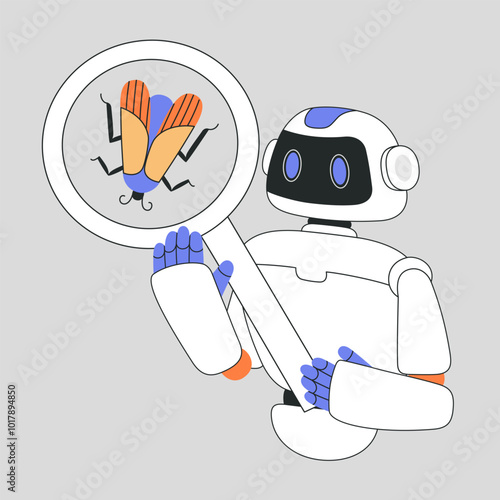 AI chat bot character fix bugs with magnifying glass, Artificial Intelligence cyborg helps with code, online data analyse for development. Flat vector modern illustration isolated on grey background