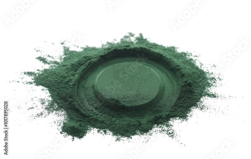 Organic spirulina powder, raw isolated on white, side view photo