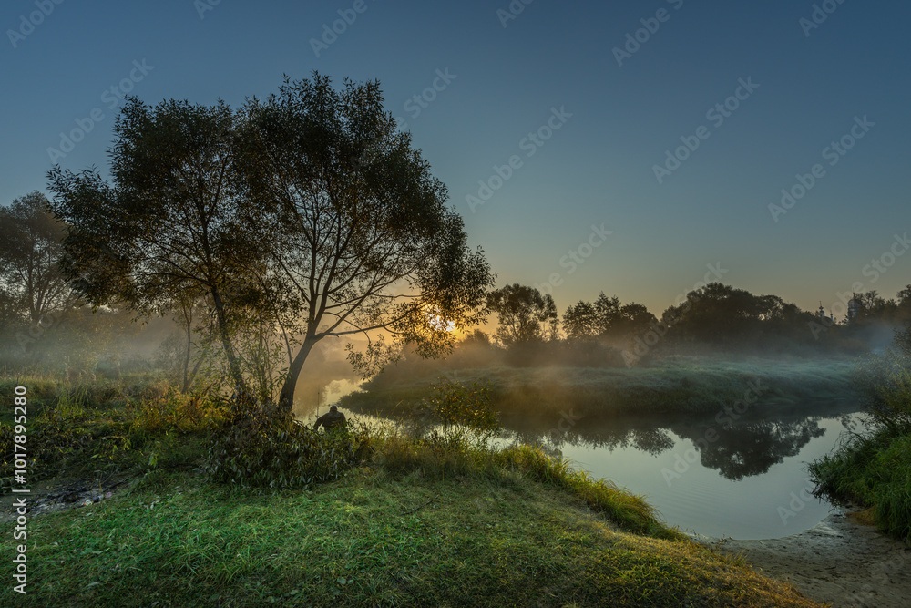 A tree is in the foreground of a field with a body of water in the background A tree is in the foreground of a field with a body of water in the background