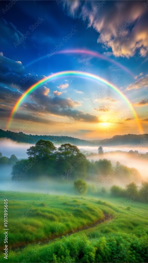 Naklejka premium foggy morning landscape with a vibrant rainbow arc background