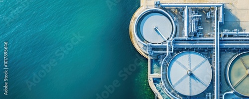 Aerial view of a water treatment facility showcasing large circular tanks beside clear blue water, highlighting industrial architecture.